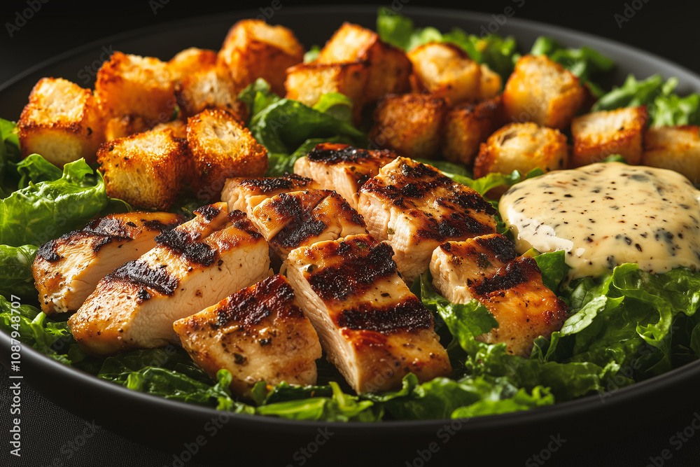 Fresh Caesar salad with grilled chicken, croutons, and creamy dressing served on a dark plate Fresh Caesar salad with grilled chicken, croutons, and creamy dressing served on a dark plate