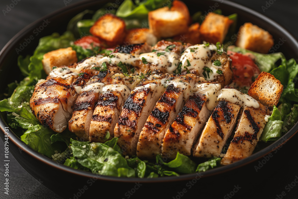 Fresh Caesar salad featuring crisp greens and grilled chicken served in a bowl Fresh Caesar salad featuring crisp greens and grilled chicken served in a bowl