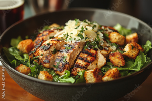 Freshly prepared Caesar salad with grilled chicken on a wooden table in a cozy restaurant