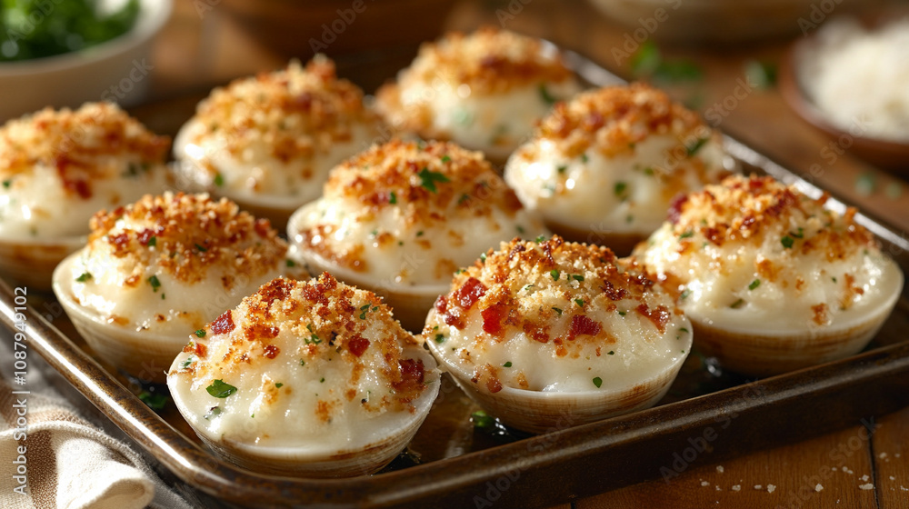 clams casino topped with breadcrumbs, bacon, and parmesan, offering a savory and indulgent dish perfect for seafood lovers and fine dining experiences clams casino topped with breadcrumbs, bacon, and parmesan, offering a savory and indulgent dish perfect for seafood lovers and fine dining experiences