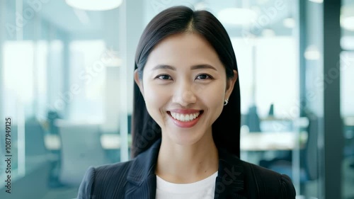 A confident businesswoman smiling brightly in a modern office environment photo