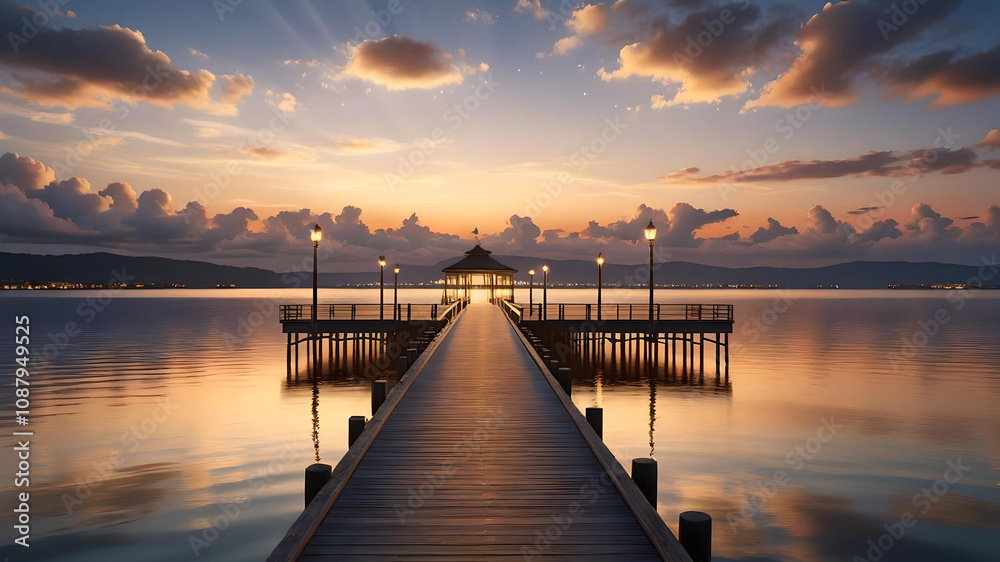 pier with deck at sunset with water views pier with deck at sunset with water views