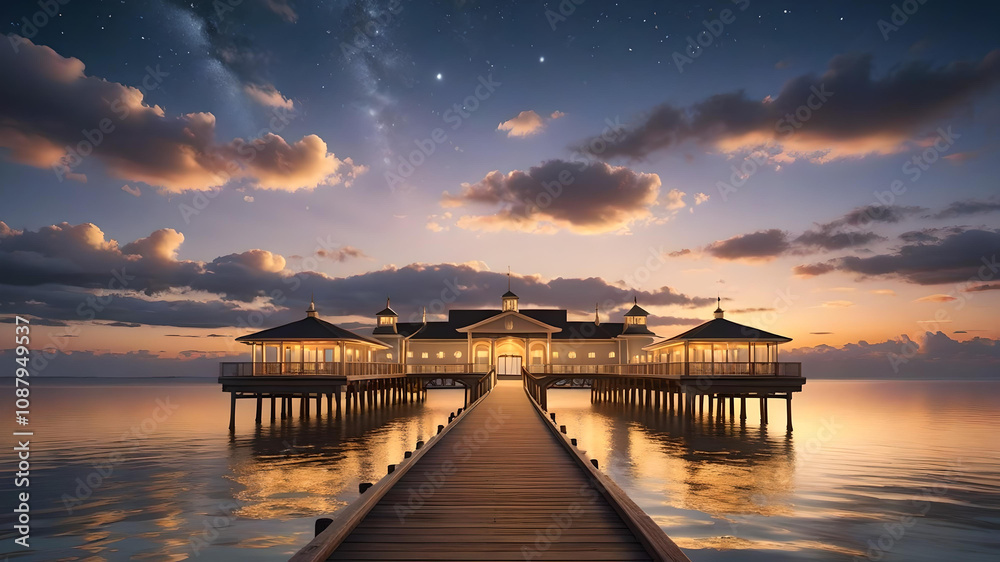 pier with deck at sunset with water views pier with deck at sunset with water views