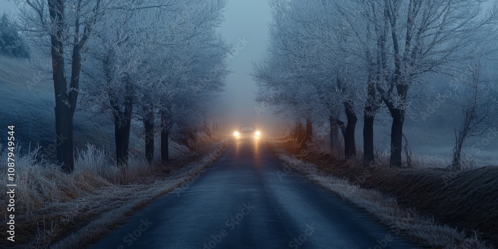 Quiet frosty road flanked by bare winter trees with headlights illuminating the fog Quiet frosty road flanked by bare winter trees with headlights illuminating the fog