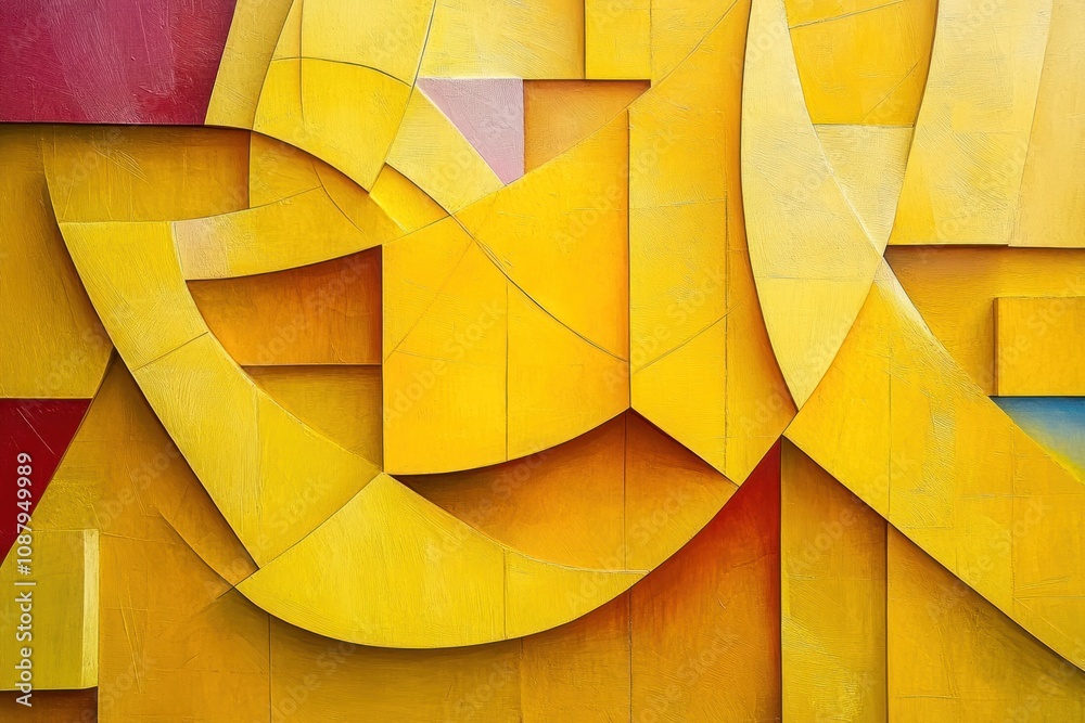 Obraz premium Abstract geometric pattern of yellow and red shapes on a wall.