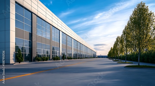 Modern commercial building in industrial park professional office rental workplace landscaped facility exterior 3d rendering illustration