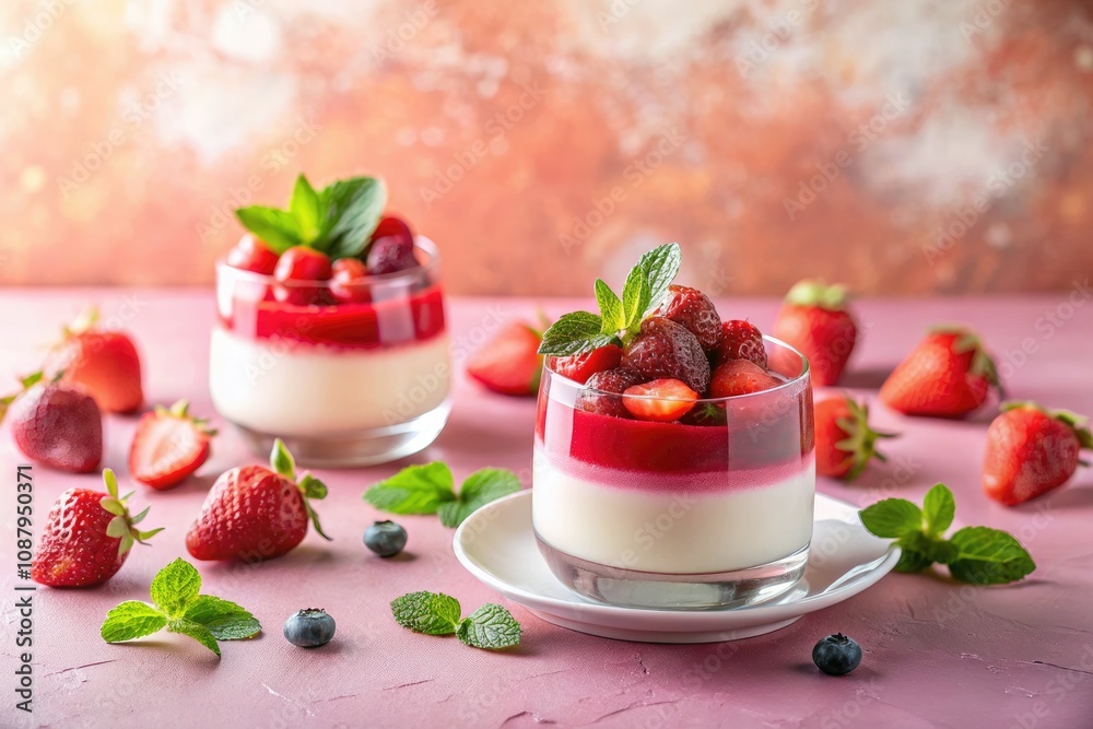 Strawberry Panna Cotta with Fresh Berries on Pink Background, Perfect for Dessert Lovers and Food Photography Enthusiasts Strawberry Panna Cotta with Fresh Berries on Pink Background, Perfect for Dessert Lovers and Food Photography Enthusiasts