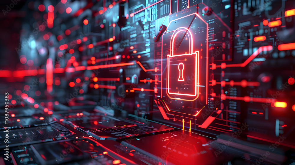 Cybersecurity: A 3D Digital Lock Illuminates a Network's Intricate Security System, Representing Data Protection and Privacy Cybersecurity: A 3D Digital Lock Illuminates a Network's Intricate Security System, Representing Data Protection and Privacy