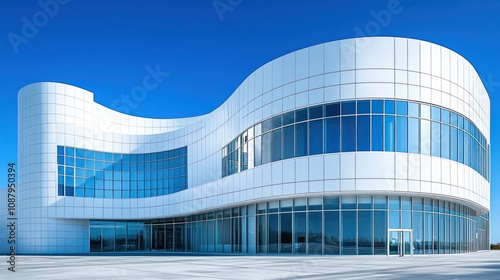 Modern white building with curved glass facade. (1)