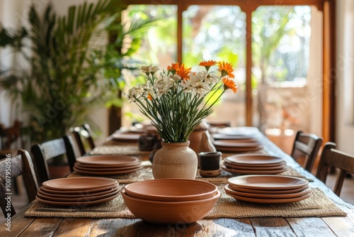 southwestern dining room, sun-soaked room with natural textures and tones, adorned with southwestern clay dinnerware set on a dining table text space available