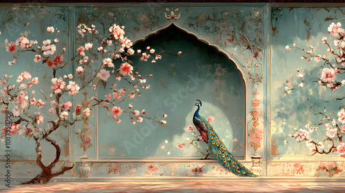 A Stunning Peacock Stands Proudly in a Floral-Adorned Archway, Framed by Delicate Pink Blossoms Against a Weathered Teal Wall, Creating an Elegant and Serene Atmosphere.