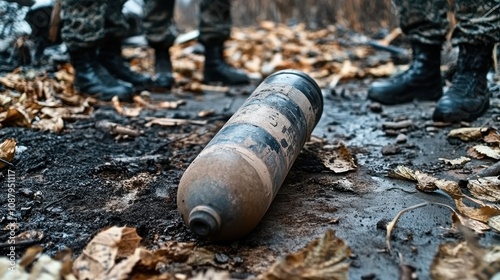 Skilled bomb disposal team neutralizing hazardous explosive in wooded area, safeguarding surroundings and public welfare photo