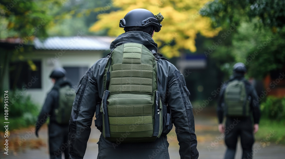 Bomb disposal officers equipped with protective gear and backpacks embark on a mission to defuse explosives and ensure public safety Bomb disposal officers equipped with protective gear and backpacks embark on a mission to defuse explosives and ensure public safety