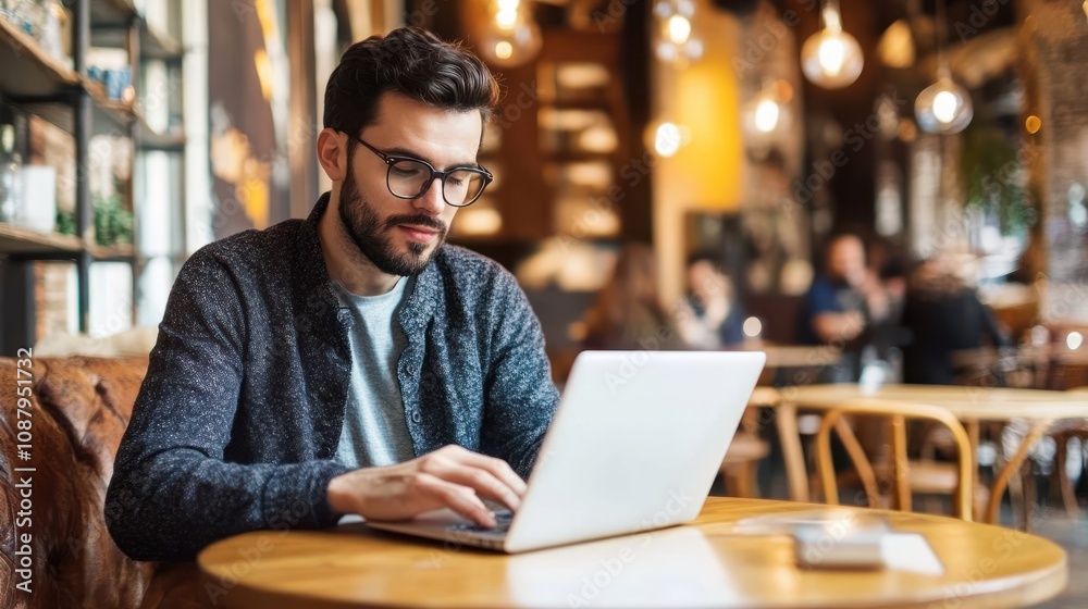 Man Working on Laptop in a Cafe Man Working on Laptop in a Cafe