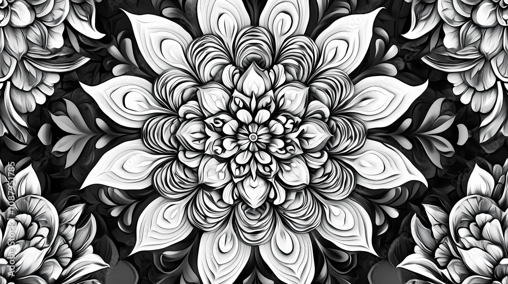 Black and white intricate mandala design with detailed floral patterns. Intricate Mandala Patterns. Illustration Black and white intricate mandala design with detailed floral patterns. Intricate Mandala Patterns. Illustration
