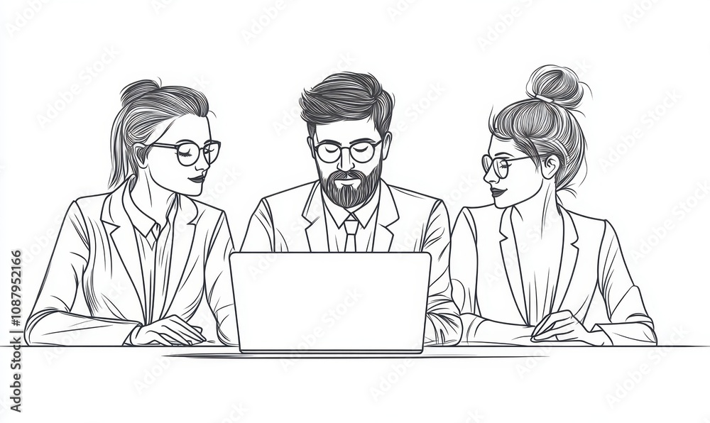 Fototapeta premium Simple line drawing of three business people working together on a laptop, illustration, simple lines, white background, minimalism, black and gray colors Generative AI