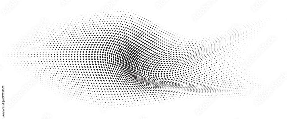 Flowing Wave Dot Halftone Pattern: Curve Gradient Shape on Transparent Background. Suitable for AI, Tech, Network, Digital, Science, and Technology Themes. Flowing Wave Dot Halftone Pattern: Curve Gradient Shape on Transparent Background. Suitable for AI, Tech, Network, Digital, Science, and Technology Themes.