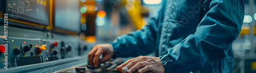 Worker's Hands Operate Industrial Control Panel,  Managing Complex Machinery in a Factory Setting.