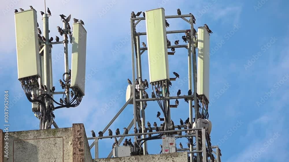 Flock of Starlings Perched on a Telecommunications Station Footage. Flock of Starlings Perched on a Telecommunications Station Footage.