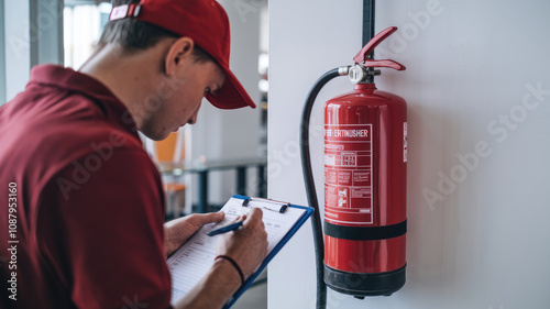 A man in a red shirt is writing on a clipboard next to a red fire extinguisher. The clipboard is on a wall and the man is wearing a red hat