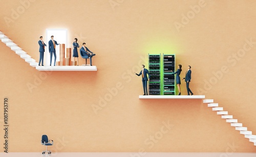 Business team presents a new computer technology to investors. Investors sit with lots of golden coins.  Abstract environment with stairs, business concept 3D rendering photo