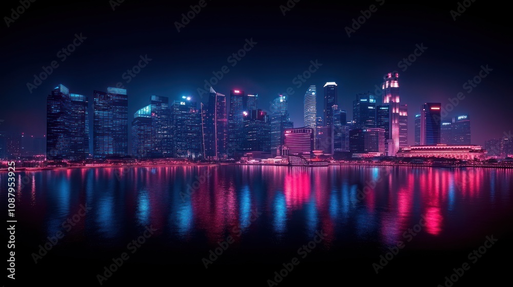 Night city skyline with vibrant reflections. Night city skyline with vibrant reflections.