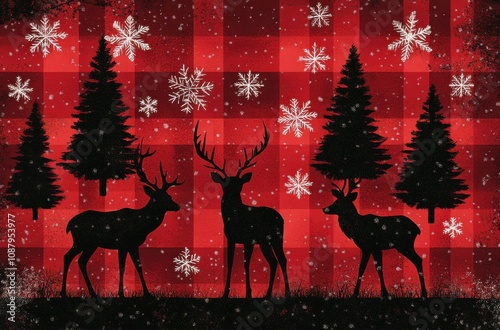 Beautiful winter scene showcasing deer silhouettes in a snowy forest with majestic pine trees. Red checkered background and delicate snowflakes create a festive  photo