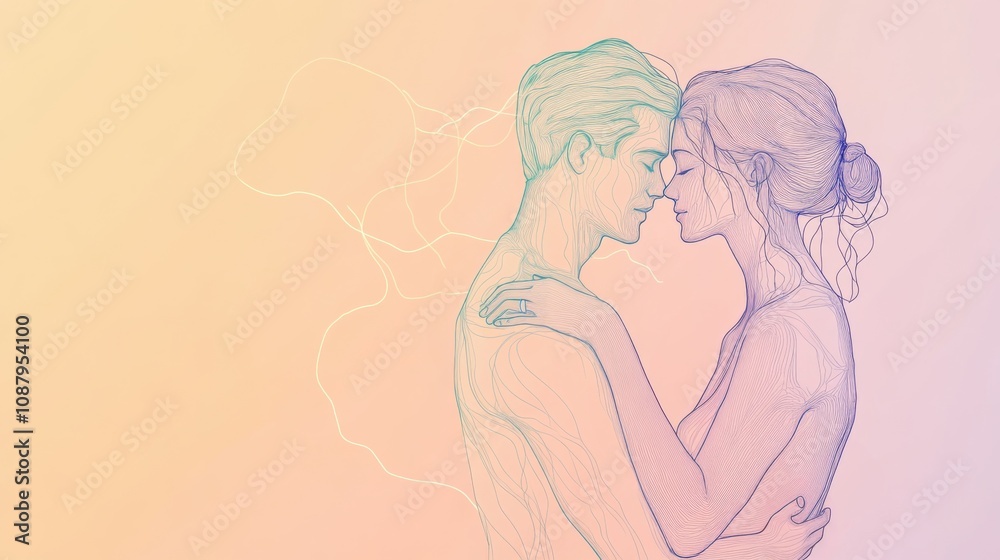 Couple embracing in minimalist line art on soft gradient background symbolizing pure love Couple embracing in minimalist line art on soft gradient background symbolizing pure love