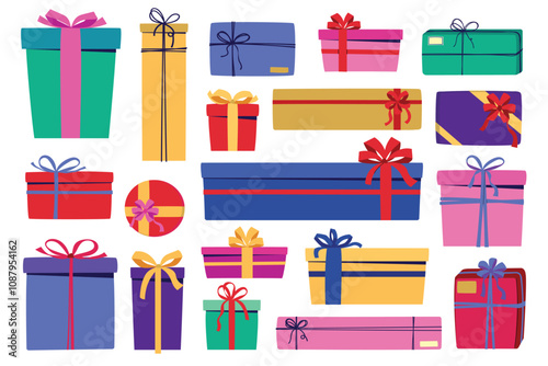 Set of  colorful gift boxes with ribbon and curly bow, Christmas gifts, New Year presents, flat style isolated boxes in different sizes