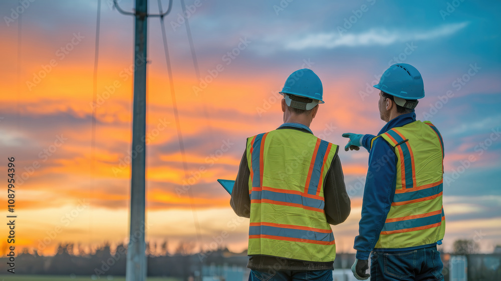 Two men in safety vests are standing near a power line pole. One of them is pointing to something on his tablet. The sky is orange and the sun is setting Two men in safety vests are standing near a power line pole. One of them is pointing to something on his tablet. The sky is orange and the sun is setting