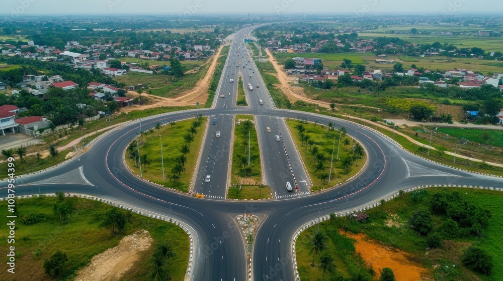 Naklejka premium Aerial view of a roundabout on a highway with traffic in the countryside.