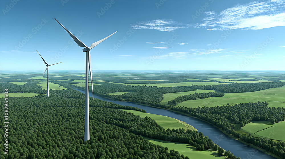 Aerial View of Wind Turbines Generating Power in a Lush Green Forest Landscape with a Winding River Aerial View of Wind Turbines Generating Power in a Lush Green Forest Landscape with a Winding River