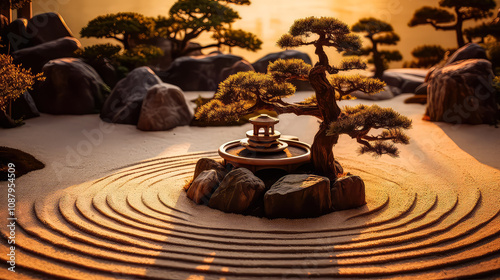 Zen Garden Decorate Idea: Capturing the Outdoor Beauty of Nature and Mindfulness in a Perfect Balance, Nature and Lifestyle Background,  garden Minimal concept with the Morning sunny light