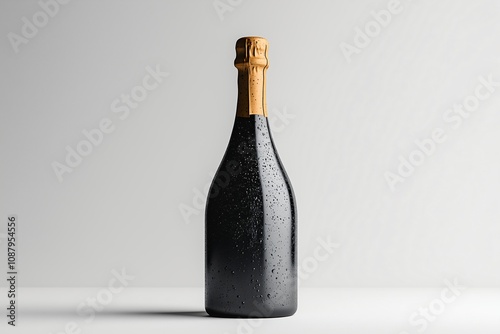 A sleek champagne bottle glistens with droplets against a minimalist white background