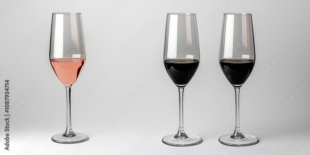 Elegant champagne flutes showcasing rose and dark varieties against a minimalist background Elegant champagne flutes showcasing rose and dark varieties against a minimalist background
