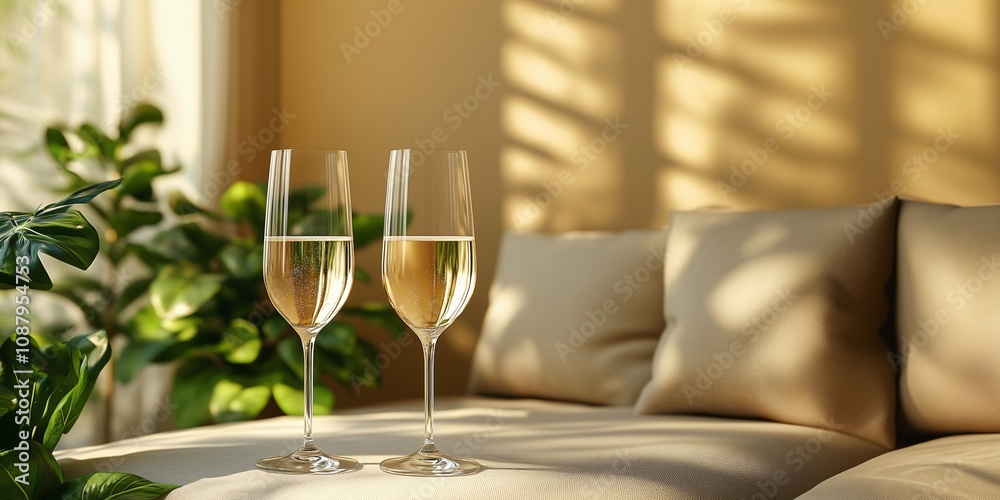 Elegant champagne flutes on a cozy sofa with soft light and green plants in a relaxed setting Elegant champagne flutes on a cozy sofa with soft light and green plants in a relaxed setting