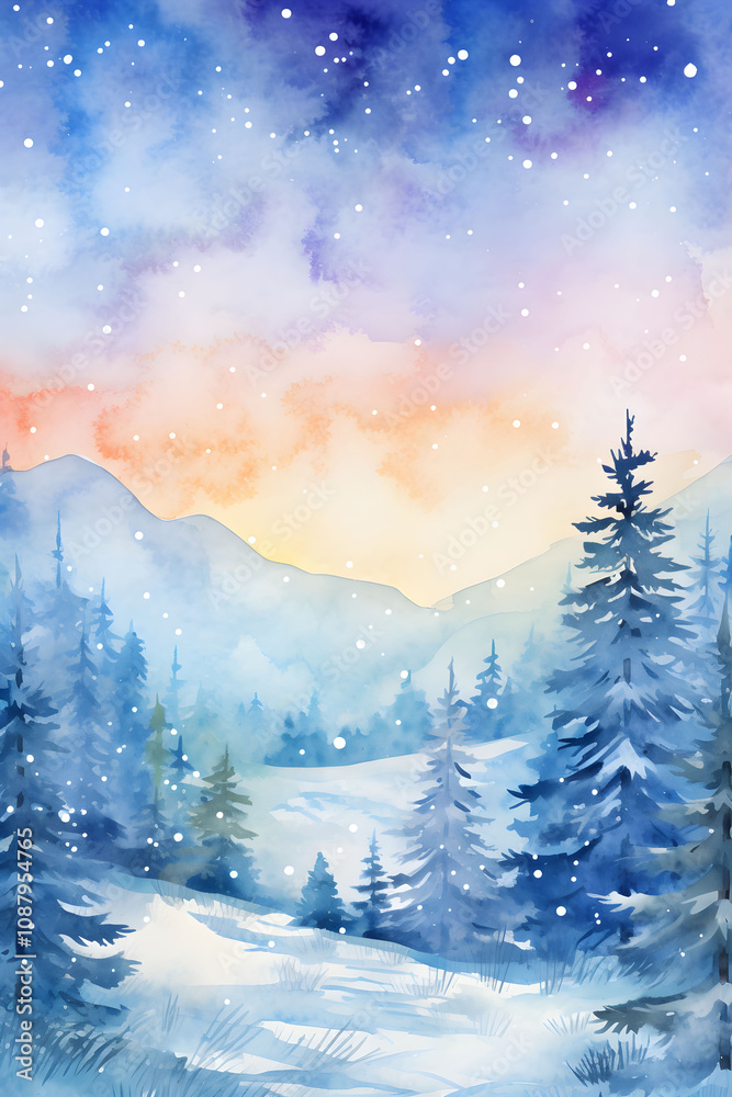 Fototapeta premium Snowy winter landscape with sunset hues and distant mountains under a gentle snowfall. Watercolor illustration.