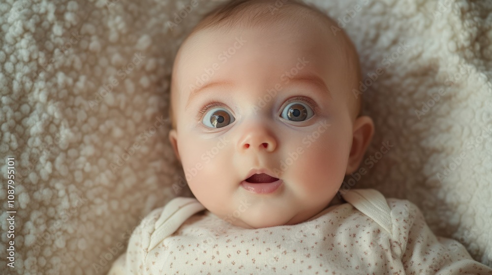 Adorable Baby with Wide Eyes Surrounded by Soft Textures Adorable Baby with Wide Eyes Surrounded by Soft Textures