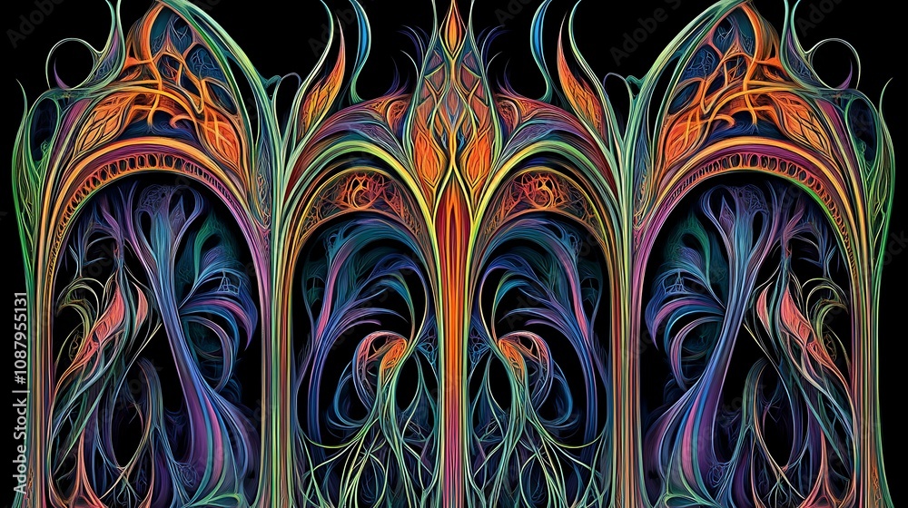 Abstract fractal design featuring vibrant colors and intricate patterns.