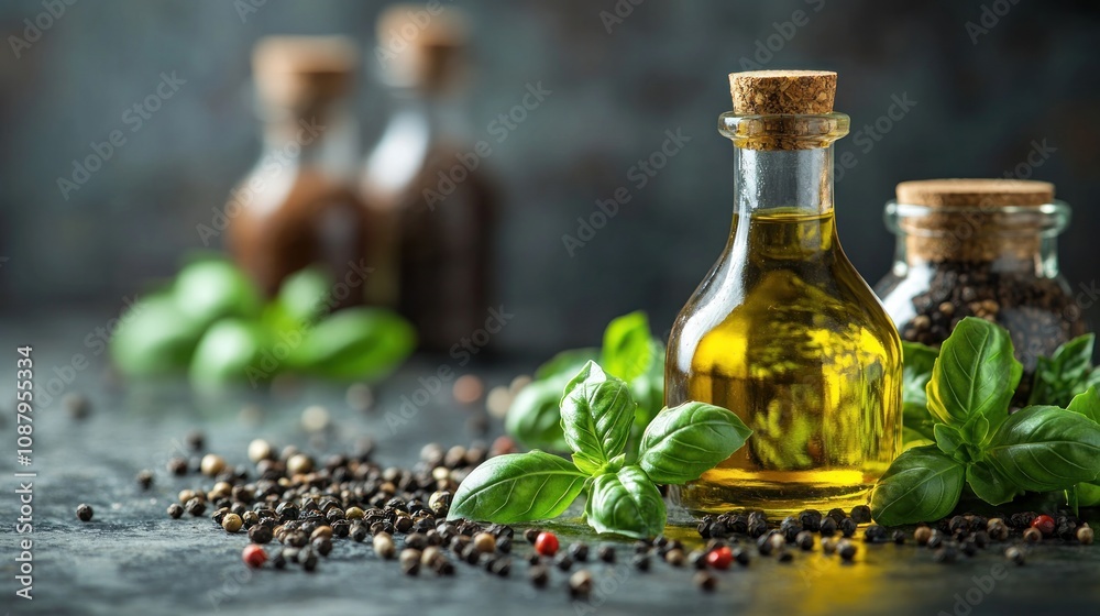 Olive oil bottle with basil and peppercorns. Olive oil bottle with basil and peppercorns.
