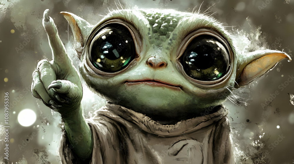 A Digital Painting of a Cute Alien Creature with Large Eyes, Pointing Upwards, Against a Dusty, Grungy Background. Fantasy Art. A Digital Painting of a Cute Alien Creature with Large Eyes, Pointing Upwards, Against a Dusty, Grungy Background. Fantasy Art.