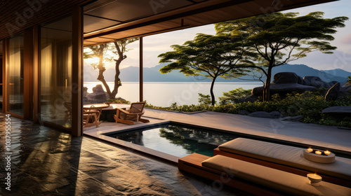 3D render interior design concept, Tranquil Japanese Resort by the Lake Natural background: A Serene Retreat and Relax with private Onsen space. travel and vacation background