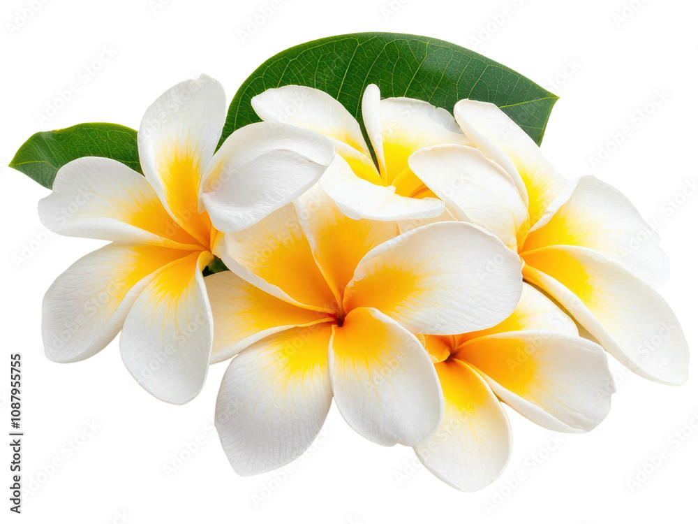 Bright Plumeria Flowers with Green Leaves Bright Plumeria Flowers with Green Leaves