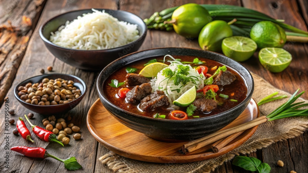 Nasi Rawon: Authentic Indonesian Black Beef Soup with Rice, Flavorful Spices, Traditional Presentation, Culinary Delight, Rich Broth, Aromatic Herbs, Indonesian Cuisine, Comfort Food