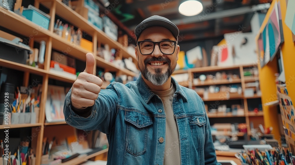 Creative Artisan in a Vibrant Workshop with a Thumbs Up Gesture