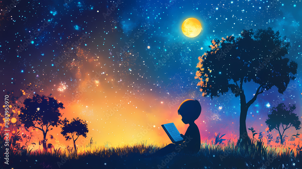 Surreal moonlit fantasy: child reading amid cosmic trees and vibrant sky. Celestial Moonlit Sky. Illustration
