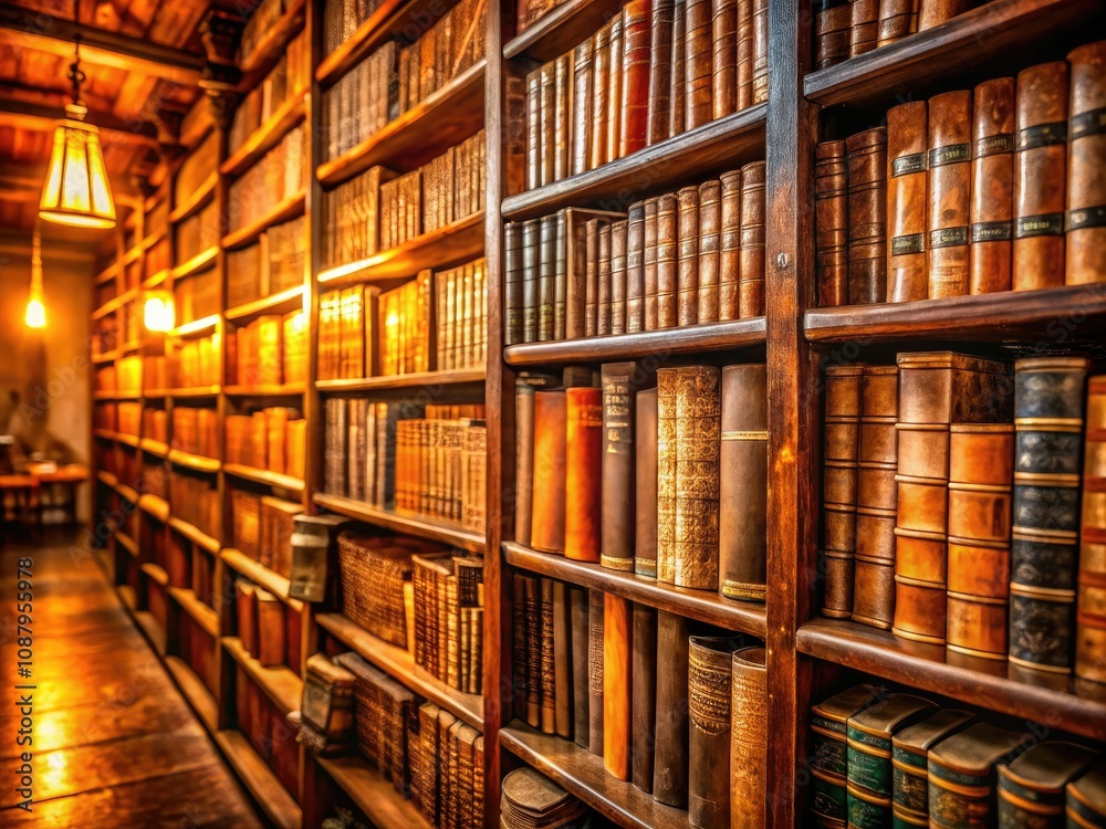 Old Books in a Cozy Library Setting with Warm Lighting, Perfect for Invoking Nostalgia and Curiosity in Book Lovers and Historians, Emphasizing Rich Textures and Timeless Stories