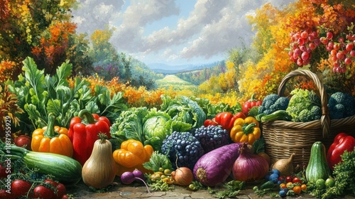 A bountiful harvest of fresh fruits and vegetables displayed in a rustic setting, with a picturesque landscape in the background.