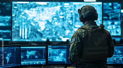 Fototapeta Naklejka Na Ścianę i Meble -  Soldier Reviews Strategic Data on Multiple Screens, Analyzing Global Intelligence with Intense Focus in a Secure Command Center.