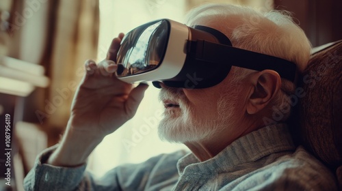 Senior man explores virtual reality technology in his cozy living room during the day photo